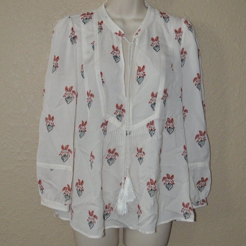 Sz 4 A.L.C. Cream Floral Silk Hari Tassle Tie Long Sleeve Blouse
